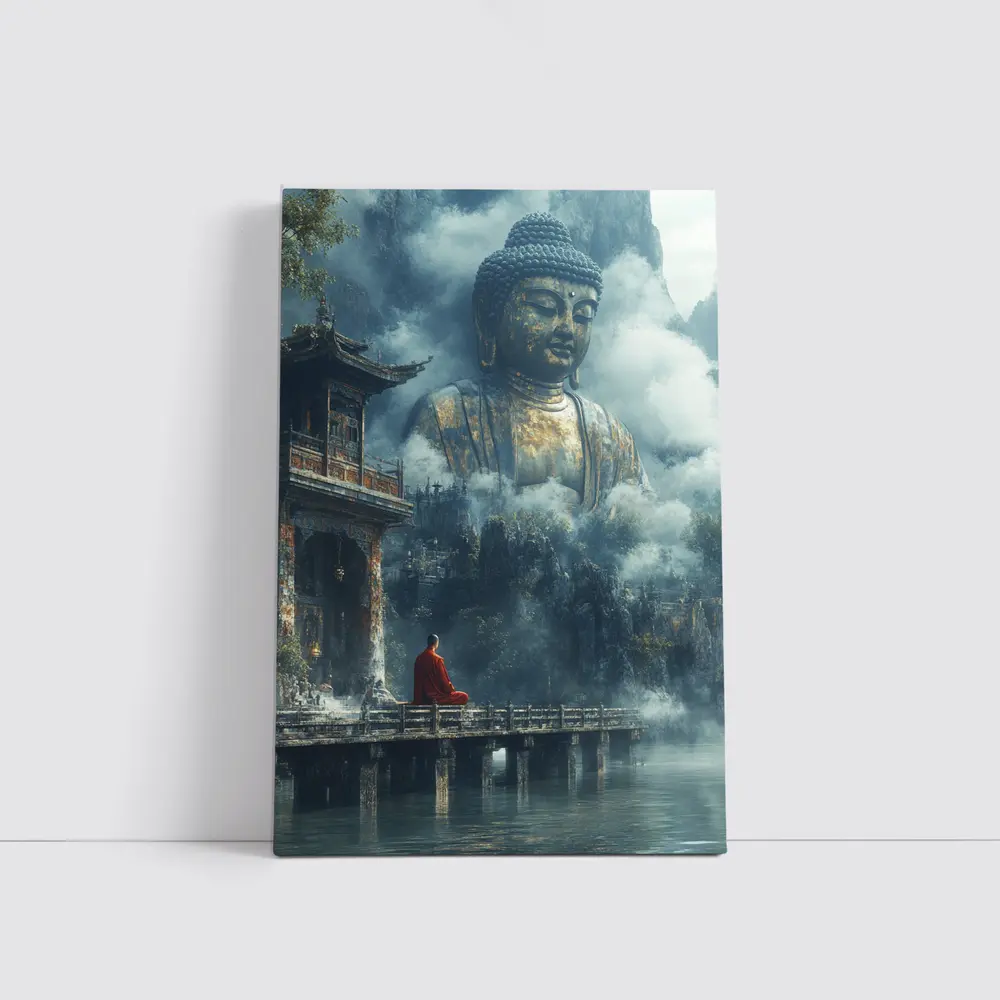 Monk Meditating Before Giant Buddha Misty Mountains – Wall Art