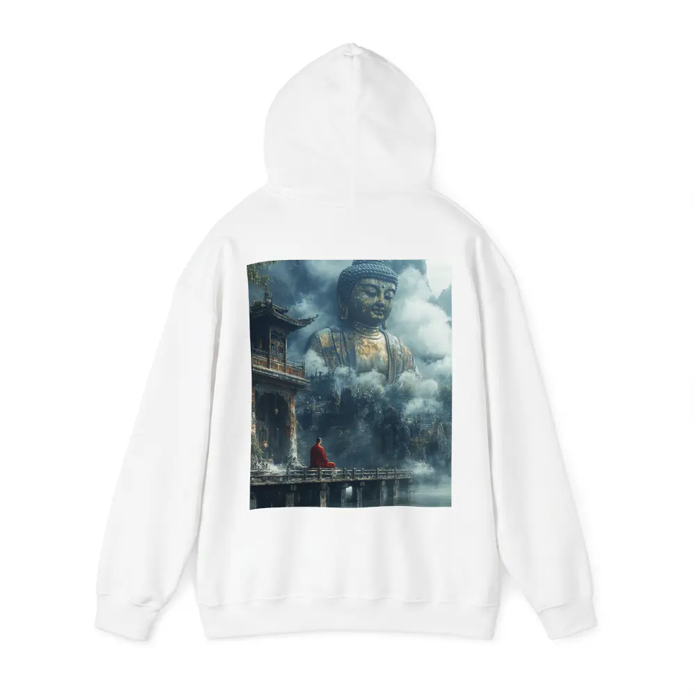 Monk Meditating Before Giant Buddha Misty Mountains – Hoodies