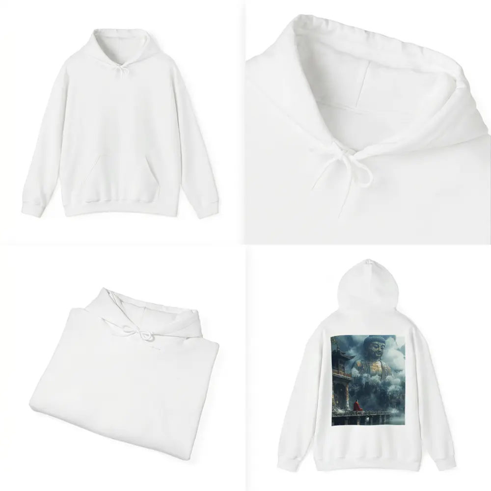 Monk Meditating Before Giant Buddha Misty Mountains – Hoodies
