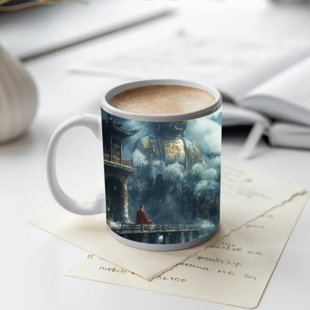 Monk Meditating Before Giant Buddha Misty Mountains – Mugs