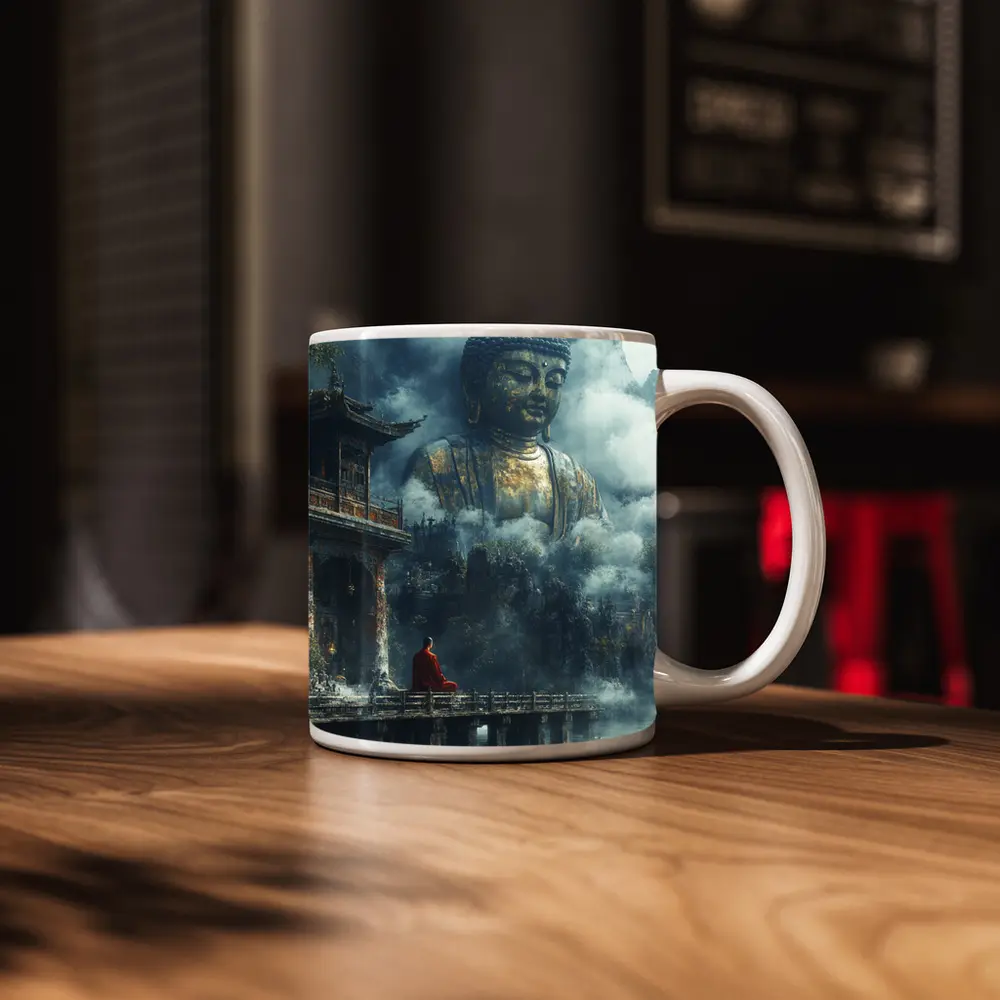 Monk Meditating Before Giant Buddha Misty Mountains – Mugs