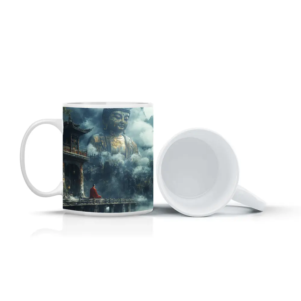 Monk Meditating Before Giant Buddha Misty Mountains – Mugs