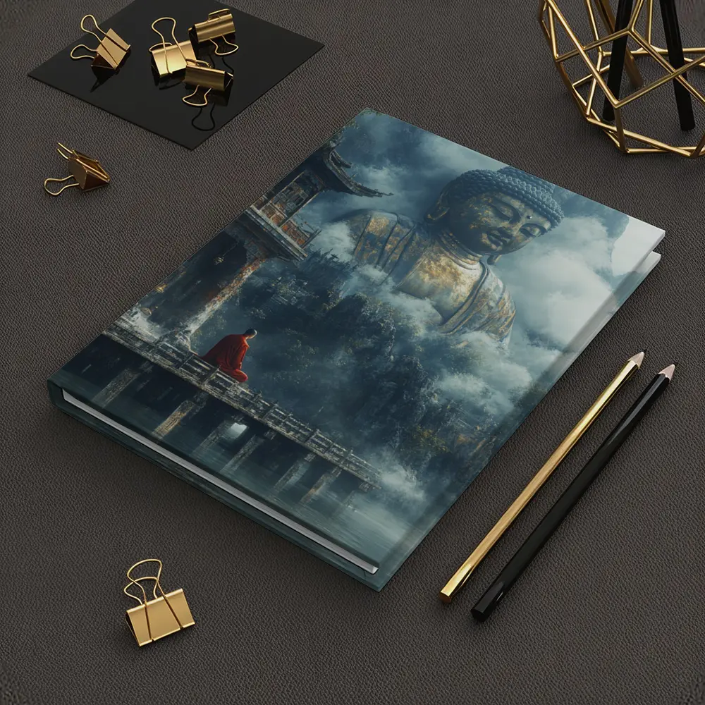 Monk Meditating Before Giant Buddha Misty Mountains – Notebooks