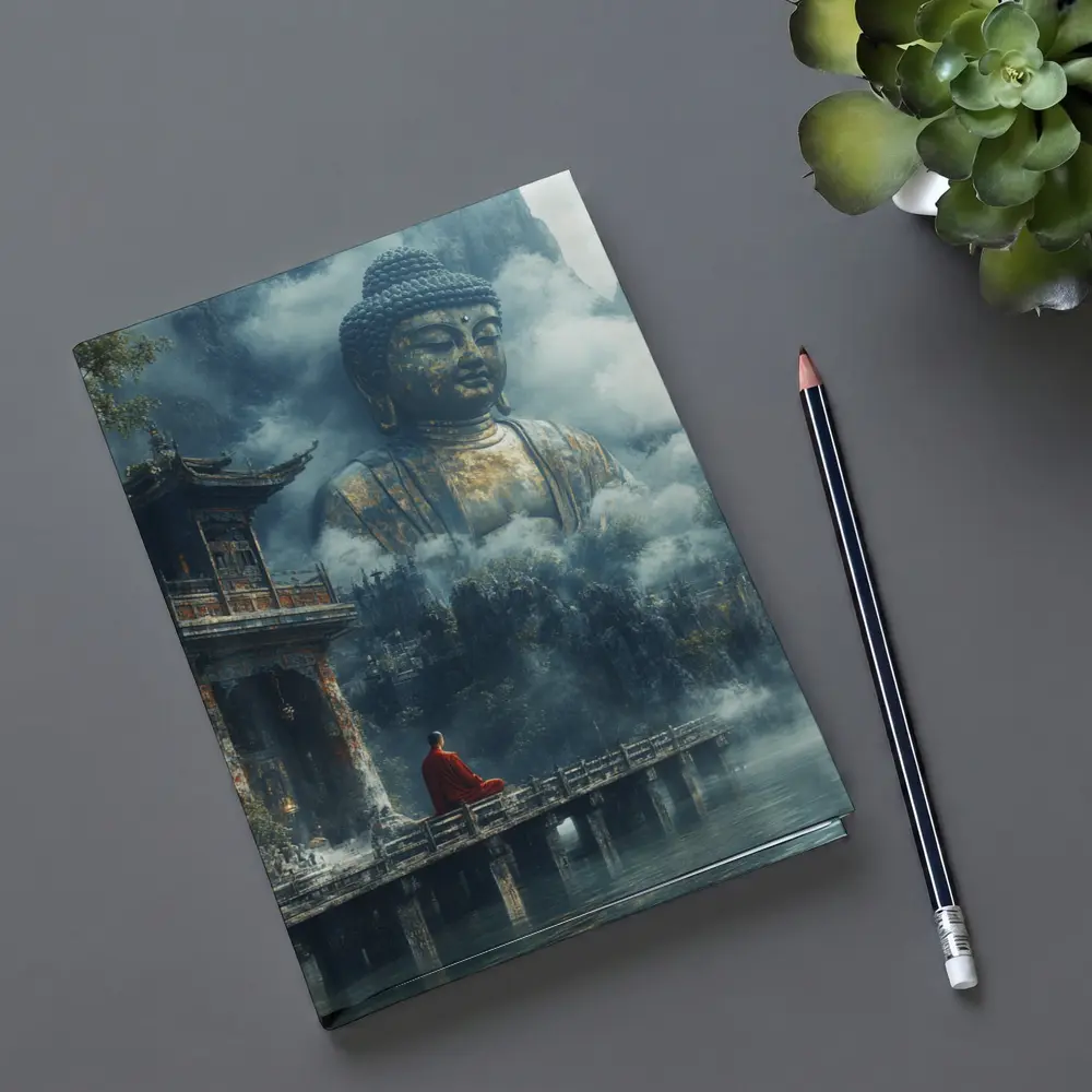 Monk Meditating Before Giant Buddha Misty Mountains – Notebooks