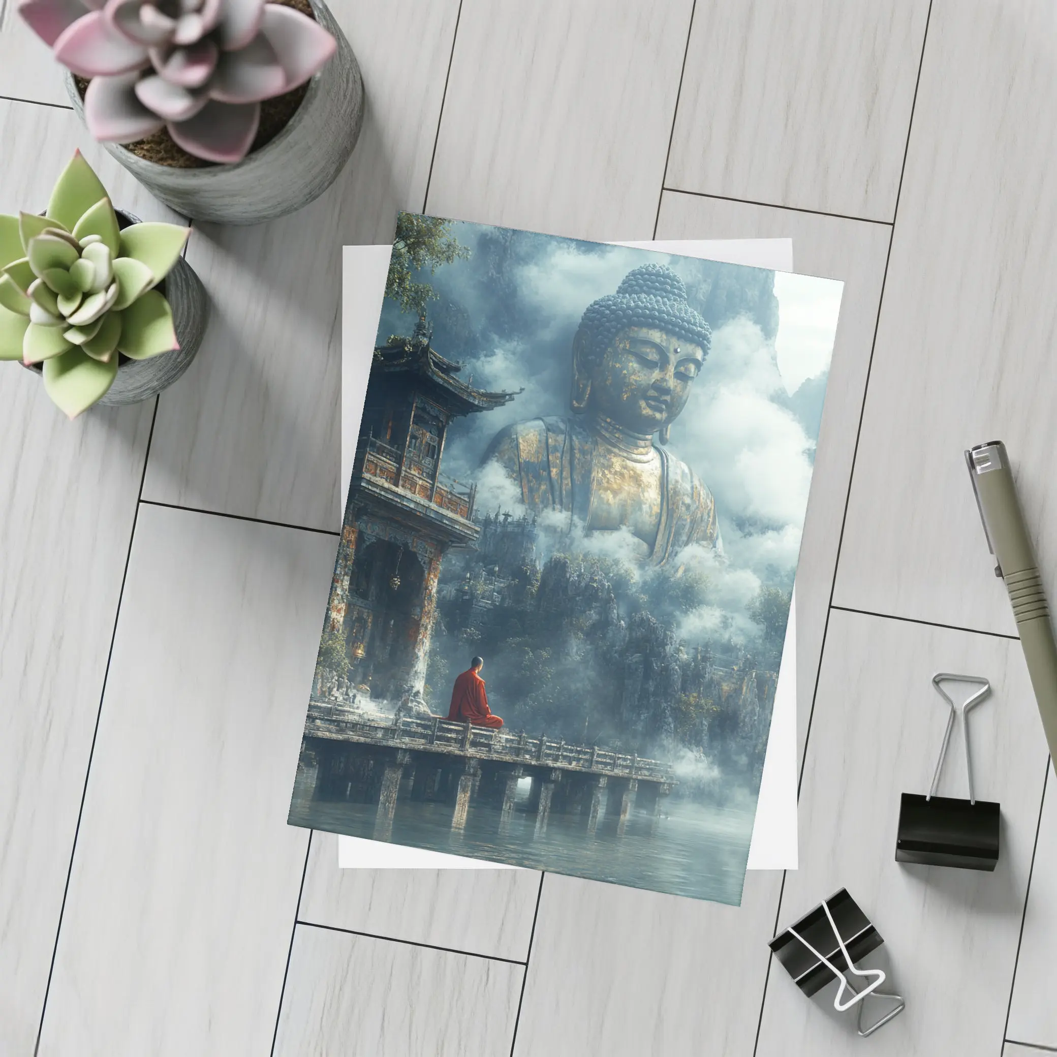 Monk Meditating Before Giant Buddha Misty Mountains – Postcards