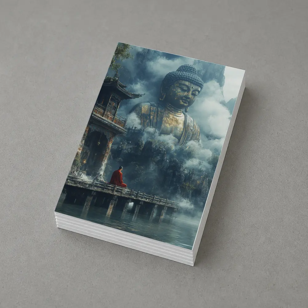 Monk Meditating Before Giant Buddha Misty Mountains – Postcards