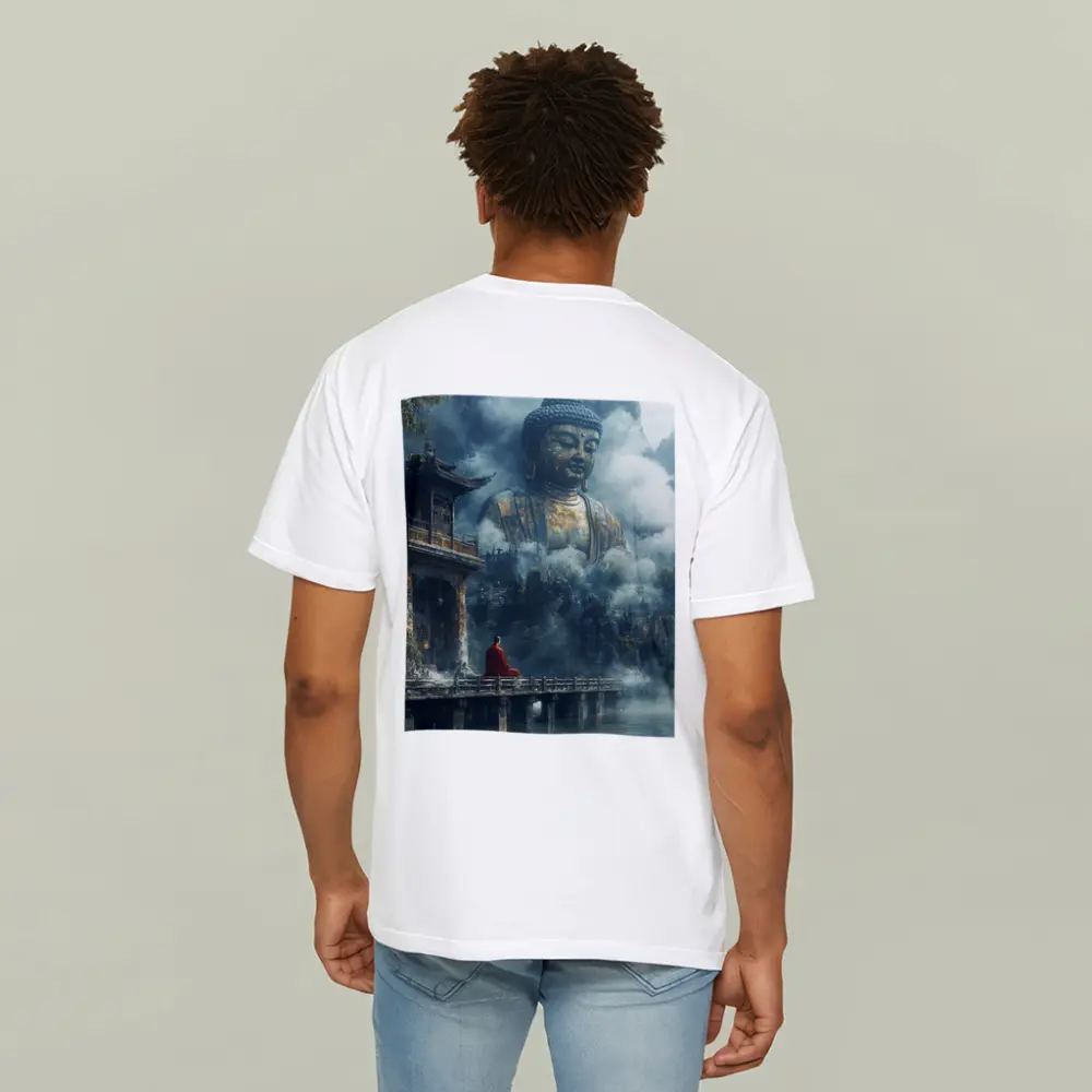 Monk Meditating Before Giant Buddha Misty Mountains – T-Shirts