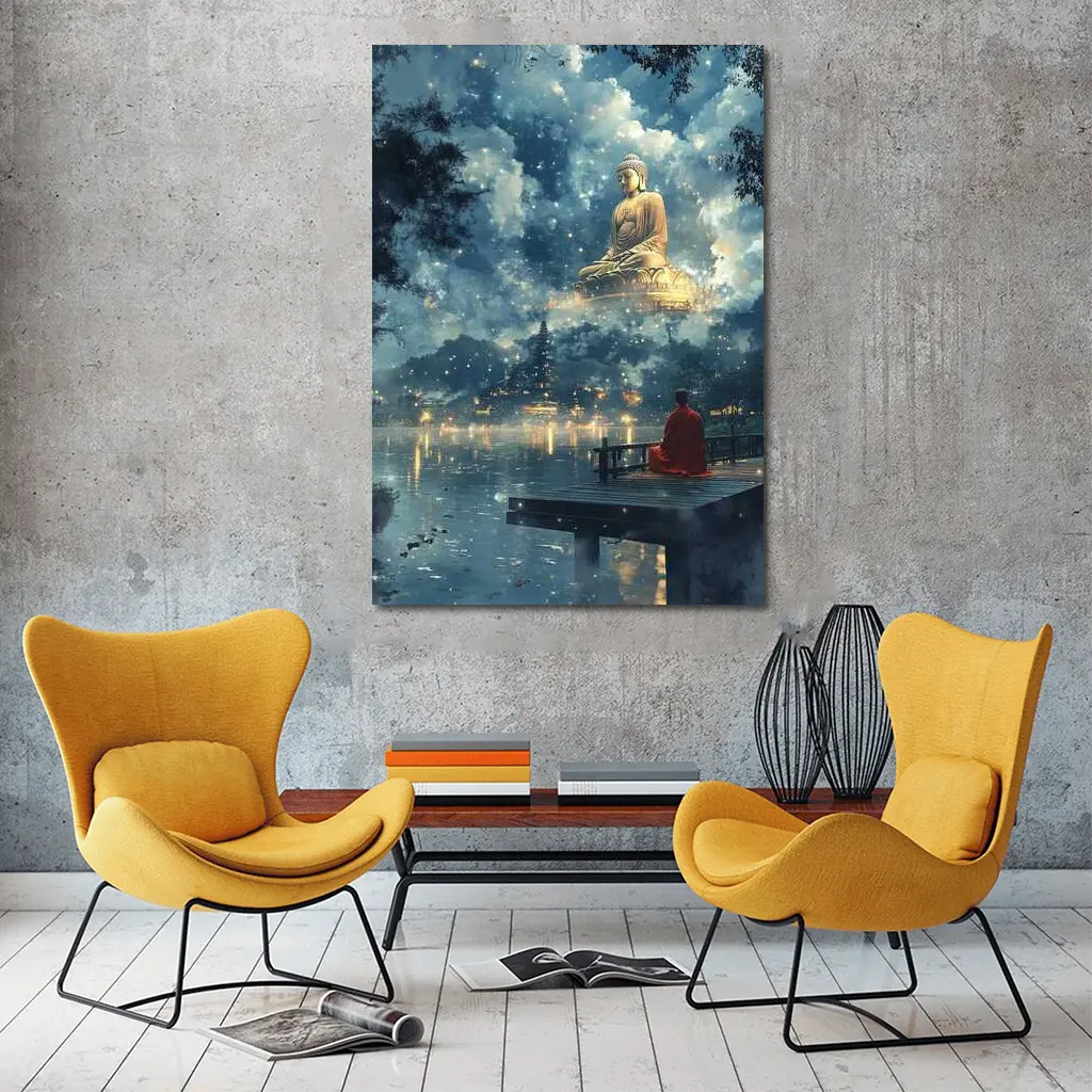 Buddhist Monk Meditating by Mystical Lake – Wall Art