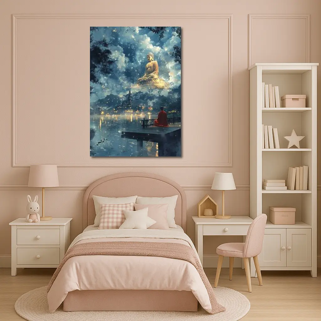 Buddhist Monk Meditating by Mystical Lake – Wall Art