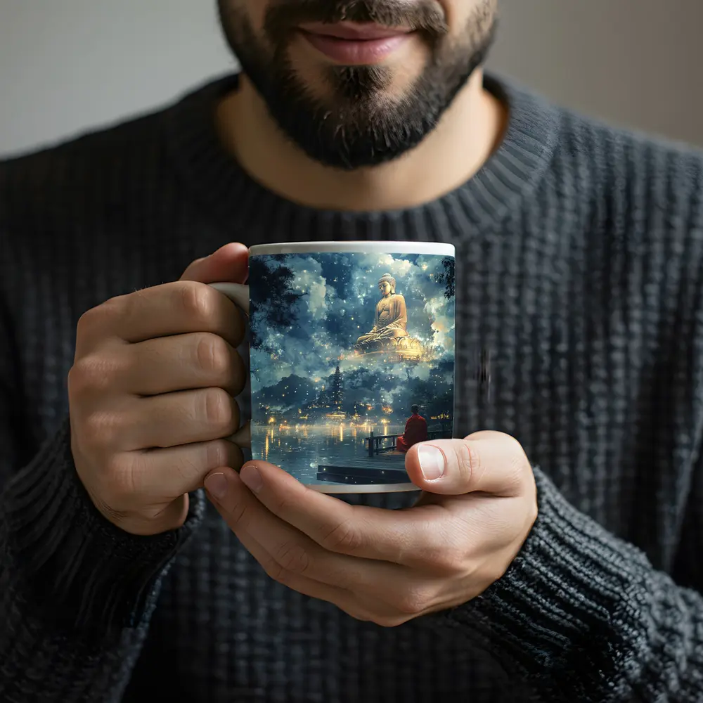 Buddhist Monk Meditating by Mystical Lake – Mugs
