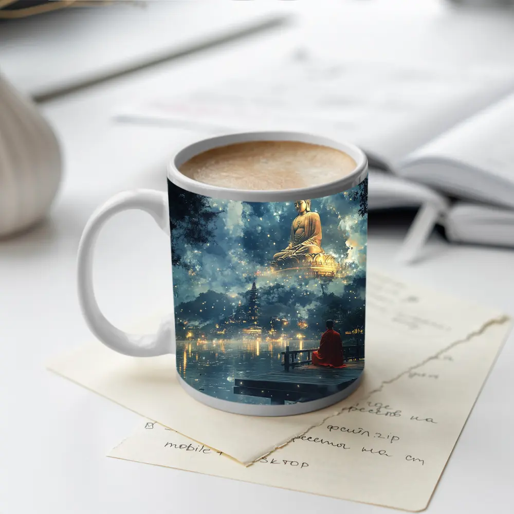 Buddhist Monk Meditating by Mystical Lake – Mugs