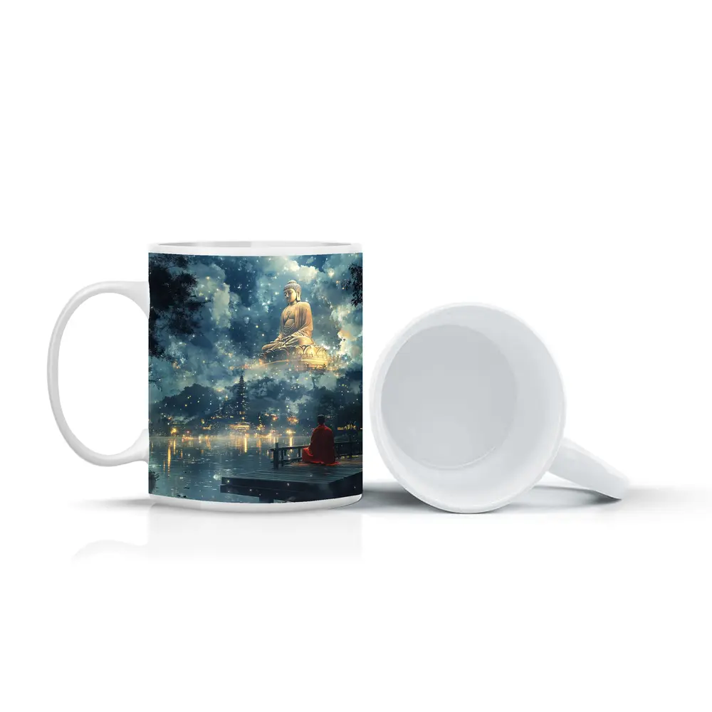 Buddhist Monk Meditating by Mystical Lake – Mugs