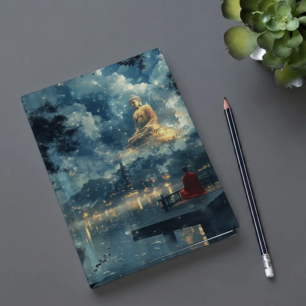 Buddhist Monk Meditating by Mystical Lake – Notebooks