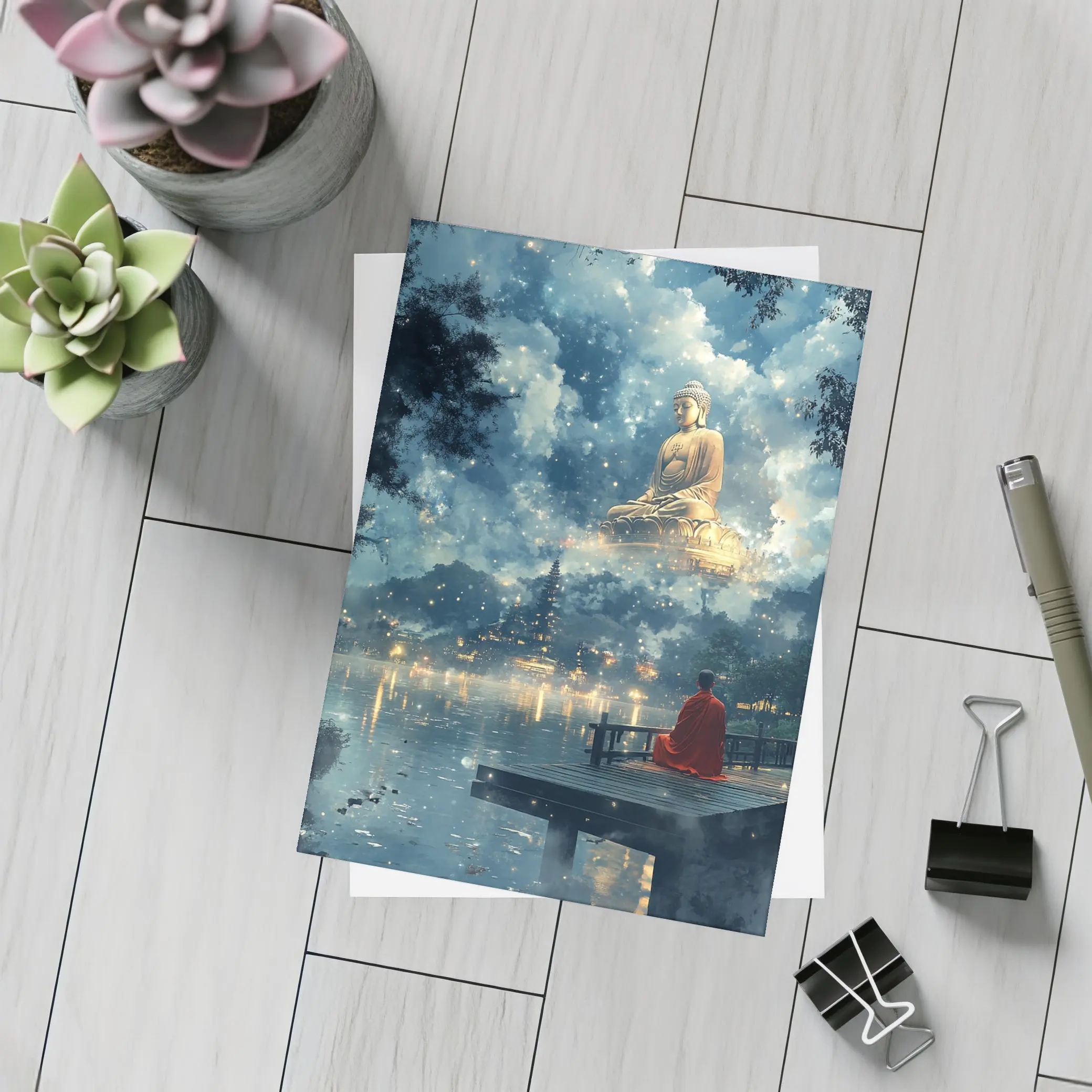 Buddhist Monk Meditating by Mystical Lake – Postcards