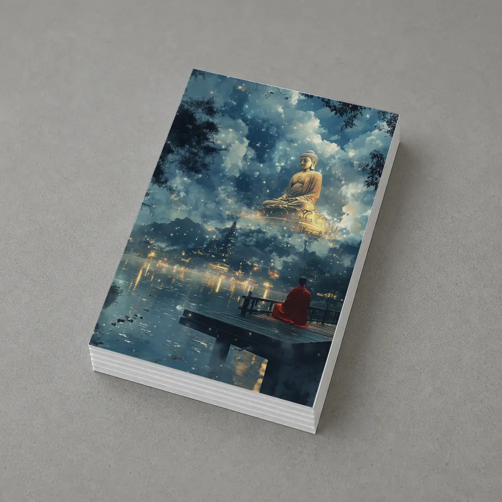 Buddhist Monk Meditating by Mystical Lake – Postcards