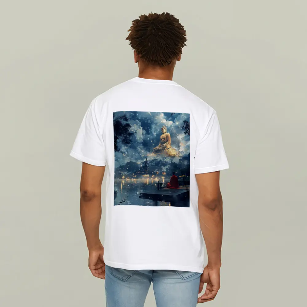 Buddhist Monk Meditating by Mystical Lake – T-Shirts
