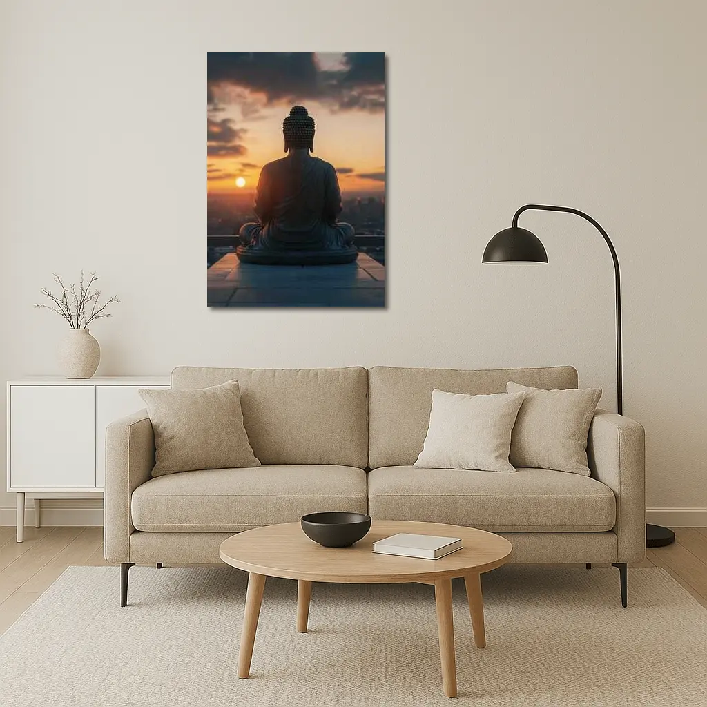 Buddha Statue Meditating Against Sunset Cityscape – Wall Art