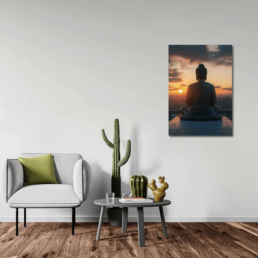 Buddha Statue Meditating Against Sunset Cityscape – Wall Art