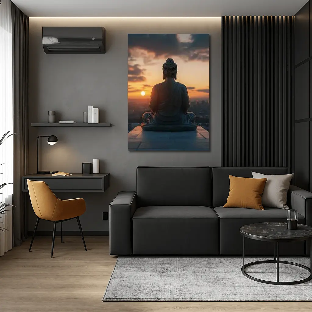 Buddha Statue Meditating Against Sunset Cityscape – Wall Art