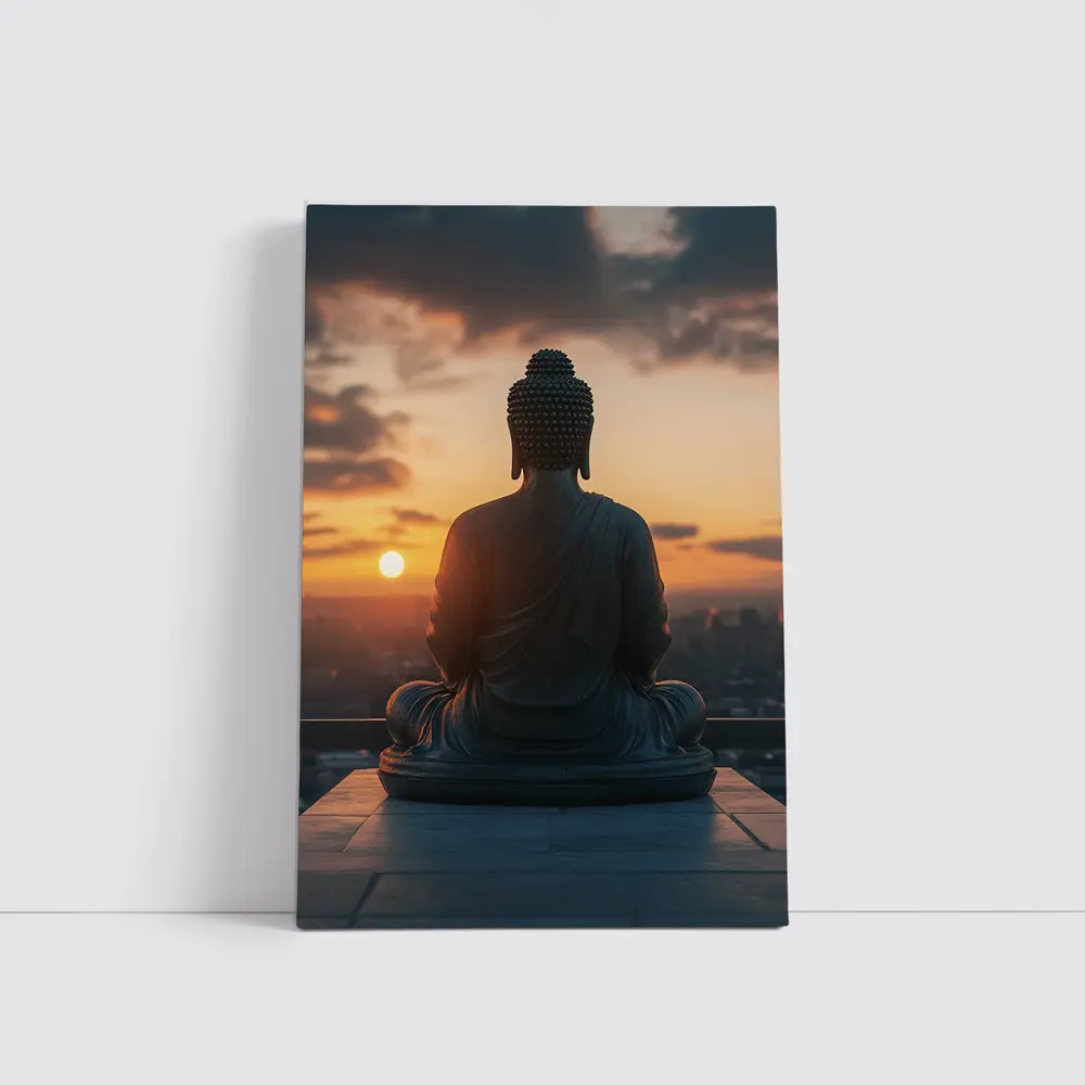Buddha Statue Meditating Against Sunset Cityscape – Wall Art