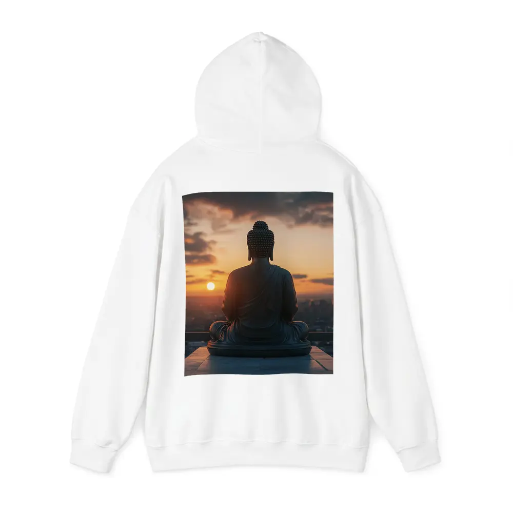 Buddha Statue Meditating Against Sunset Cityscape – Hoodies
