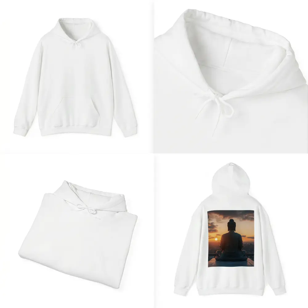 Buddha Statue Meditating Against Sunset Cityscape – Hoodies