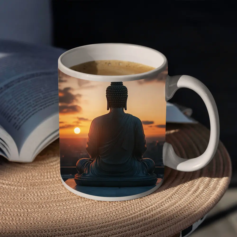 Buddha Statue Meditating Against Sunset Cityscape – Mugs