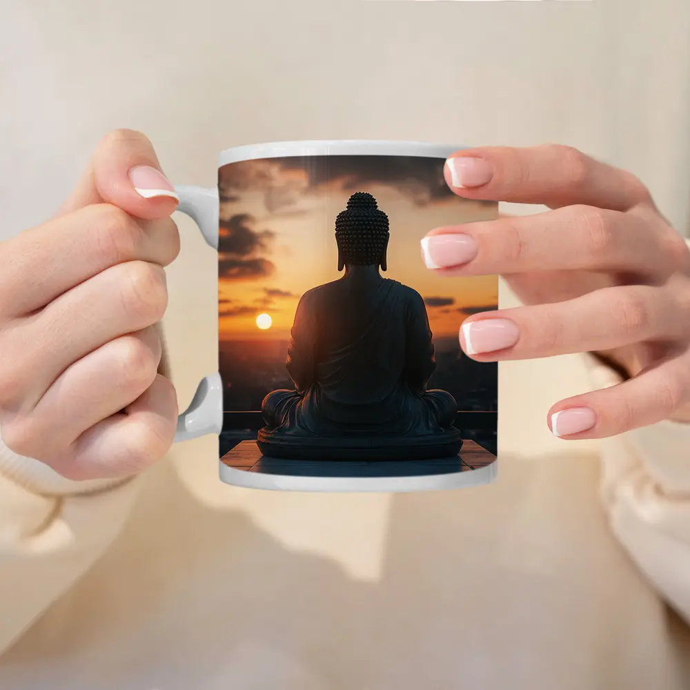 Buddha Statue Meditating Against Sunset Cityscape – Mugs