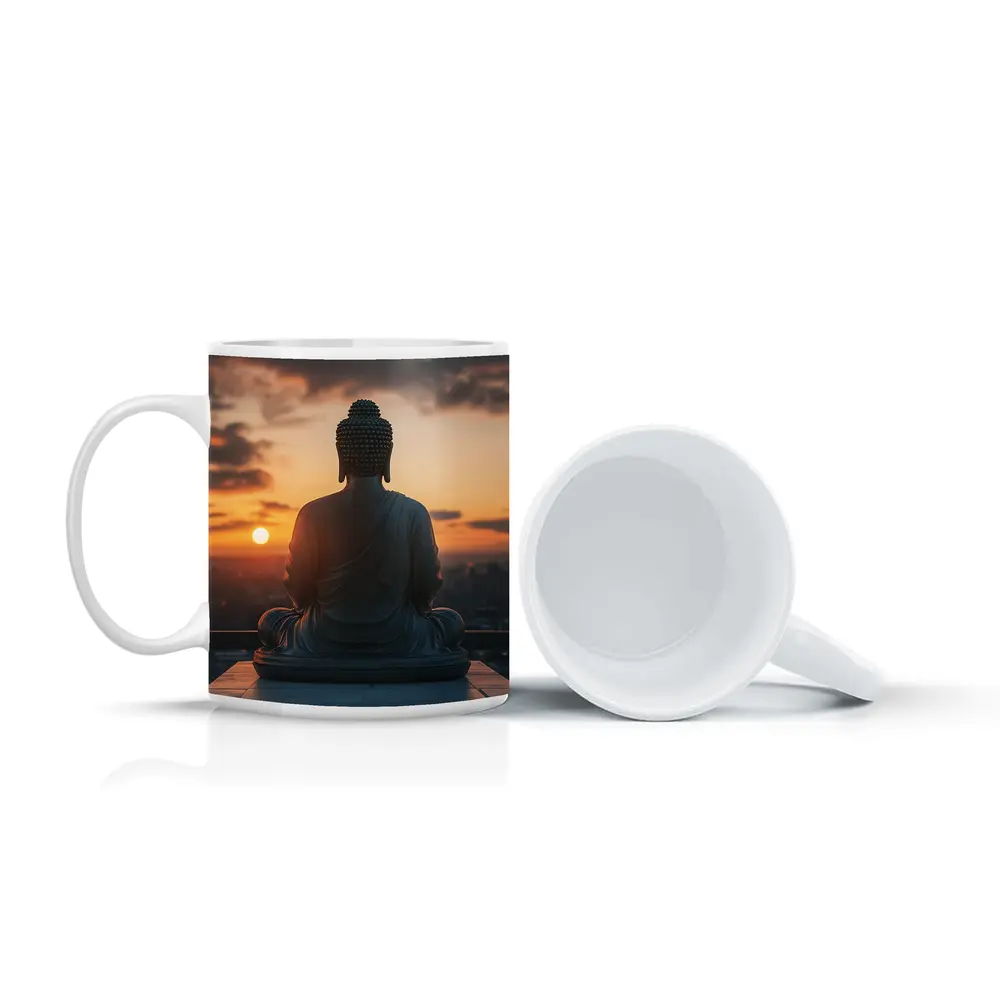 Buddha Statue Meditating Against Sunset Cityscape – Mugs