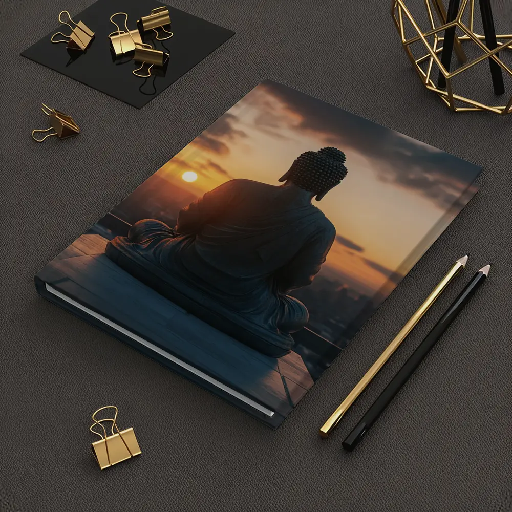 Buddha Statue Meditating Against Sunset Cityscape – Notebooks