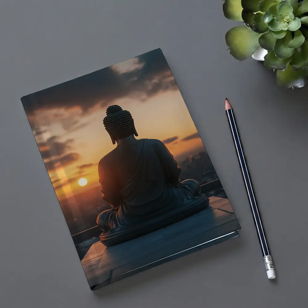 Buddha Statue Meditating Against Sunset Cityscape – Notebooks