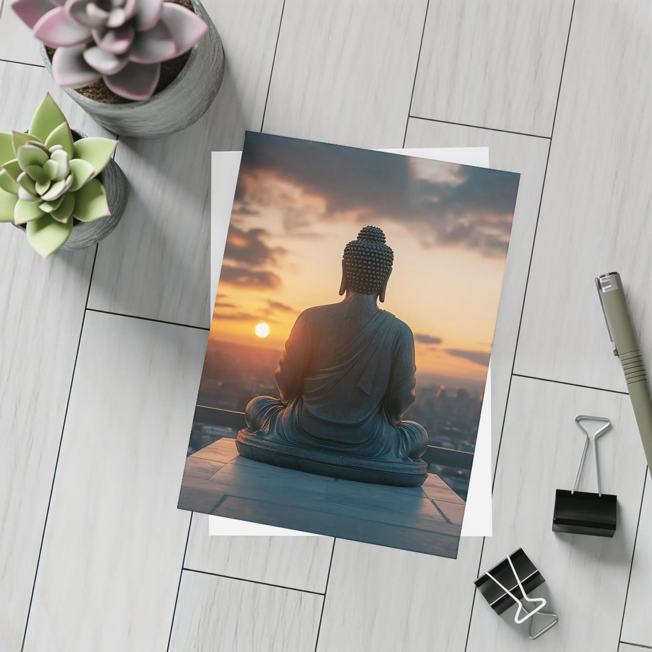 Buddha Statue Meditating Against Sunset Cityscape – Postcards