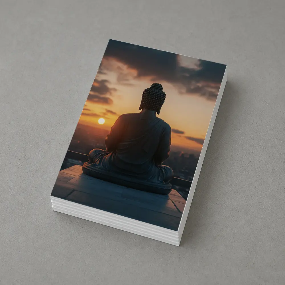 Buddha Statue Meditating Against Sunset Cityscape – Postcards