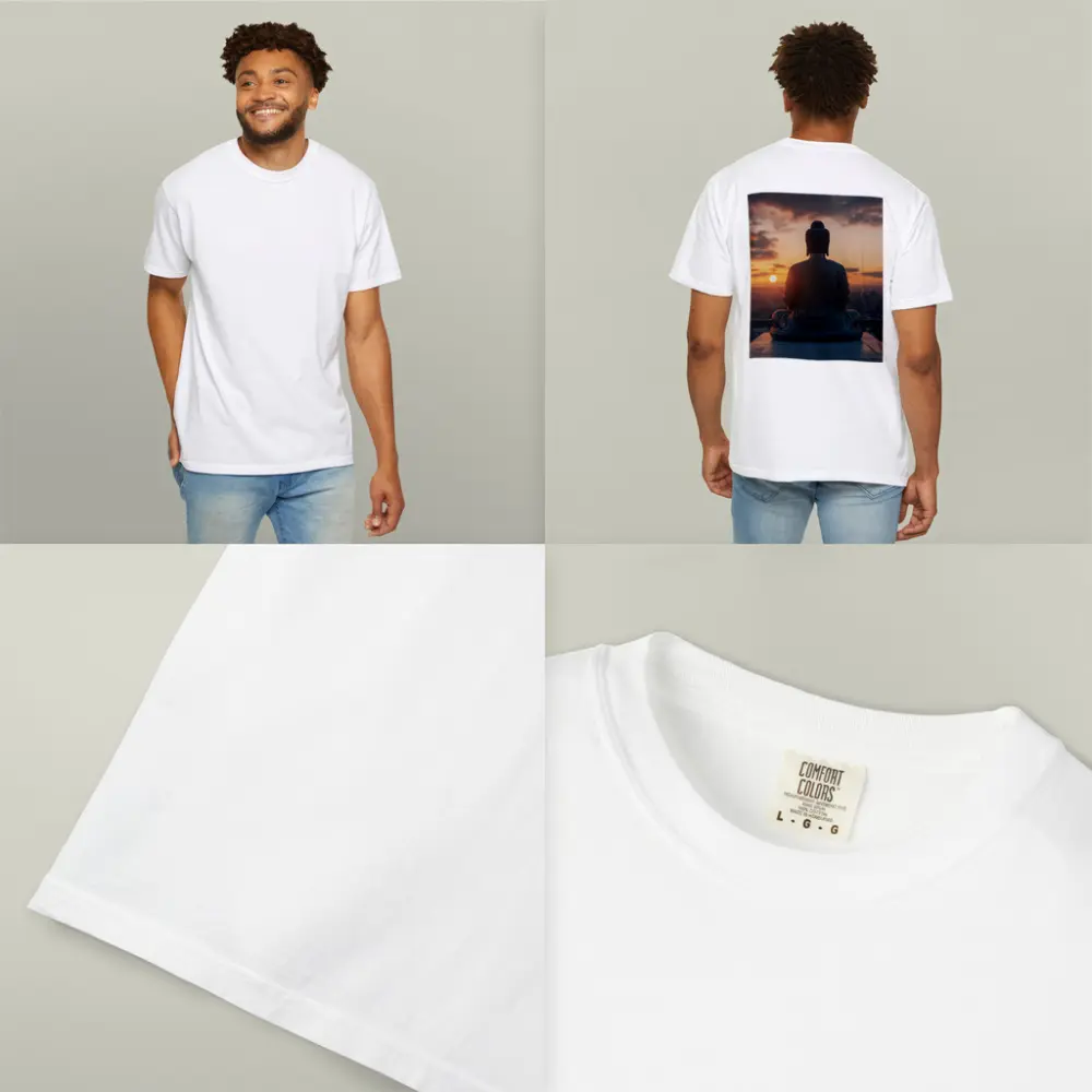 Buddha Statue Meditating Against Sunset Cityscape – T-Shirts