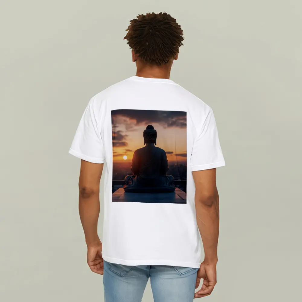 Buddha Statue Meditating Against Sunset Cityscape – T-Shirts