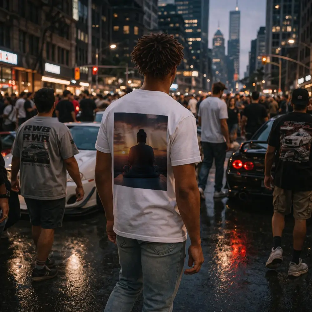 Buddha Statue Meditating Against Sunset Cityscape – T-Shirts