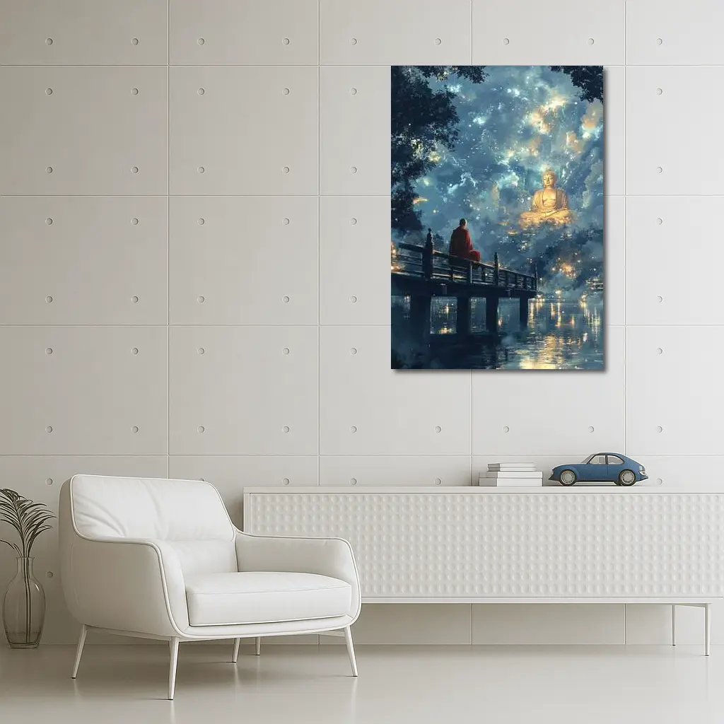 Buddhist Monk Meditating By Glowing Night Sky – Wall Art