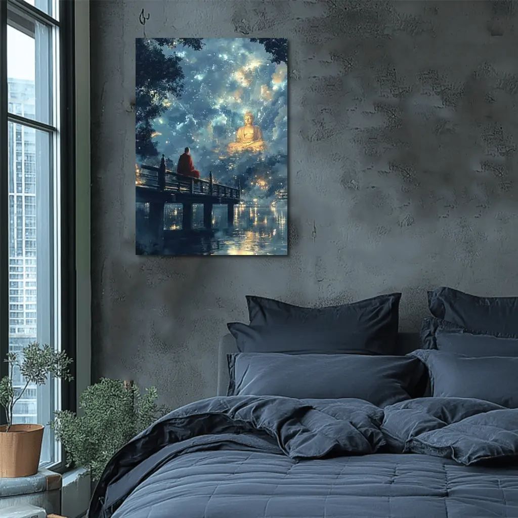Buddhist Monk Meditating By Glowing Night Sky – Wall Art