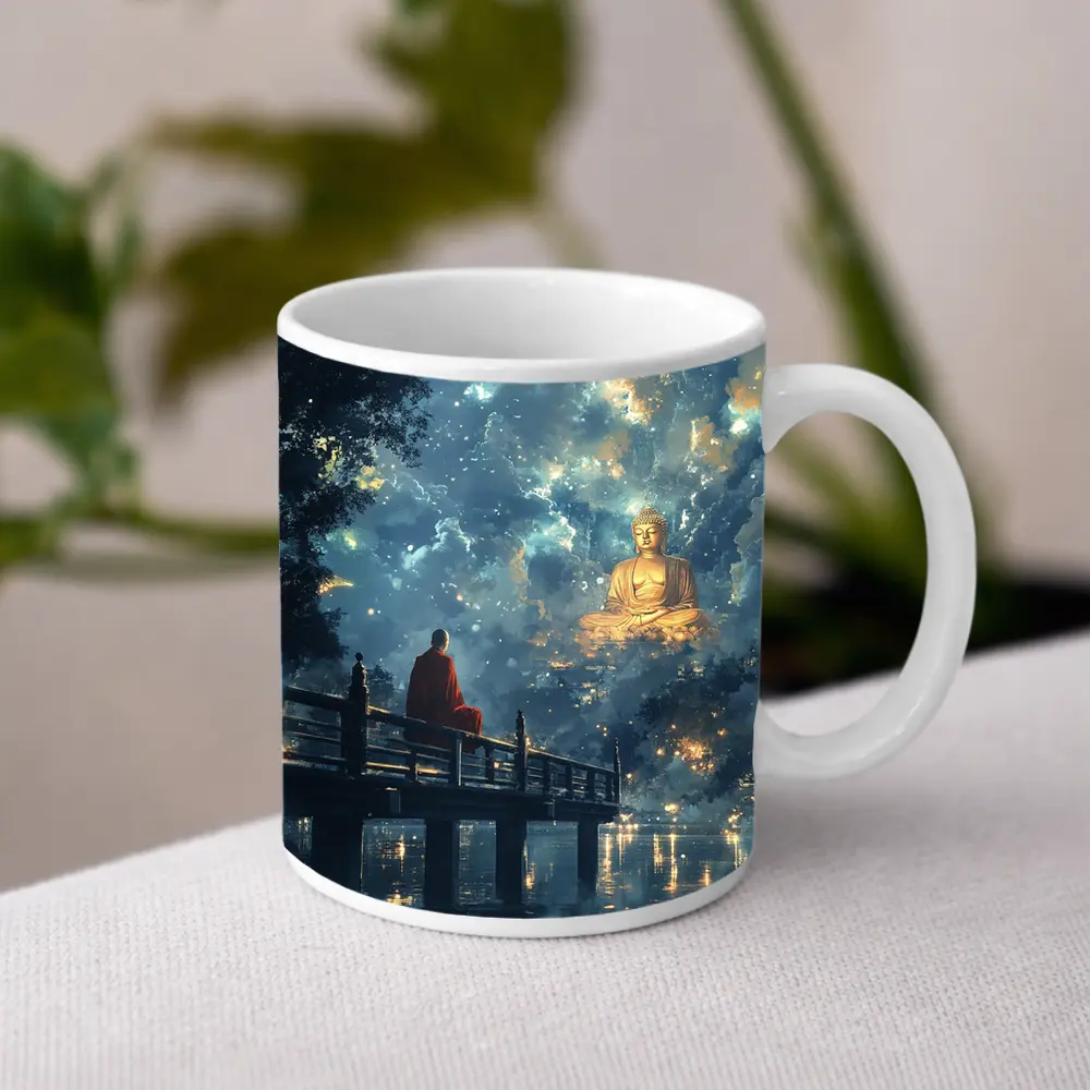 Buddhist Monk Meditating By Glowing Night Sky – Mugs