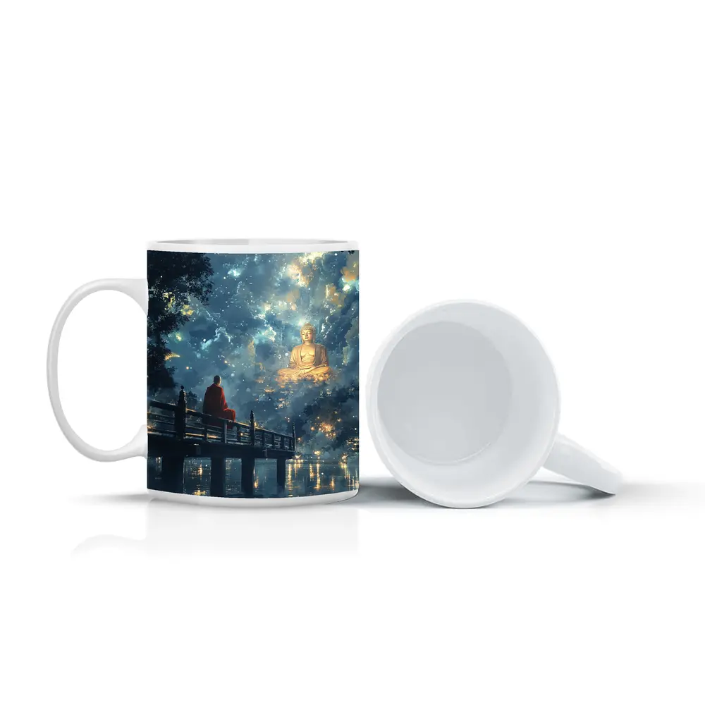 Buddhist Monk Meditating By Glowing Night Sky – Mugs