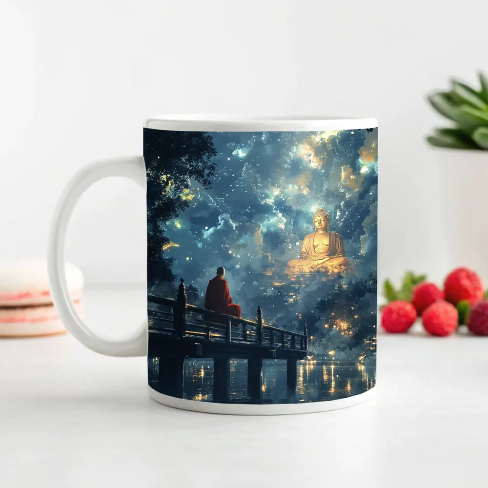 Buddhist Monk Meditating By Glowing Night Sky – Mugs