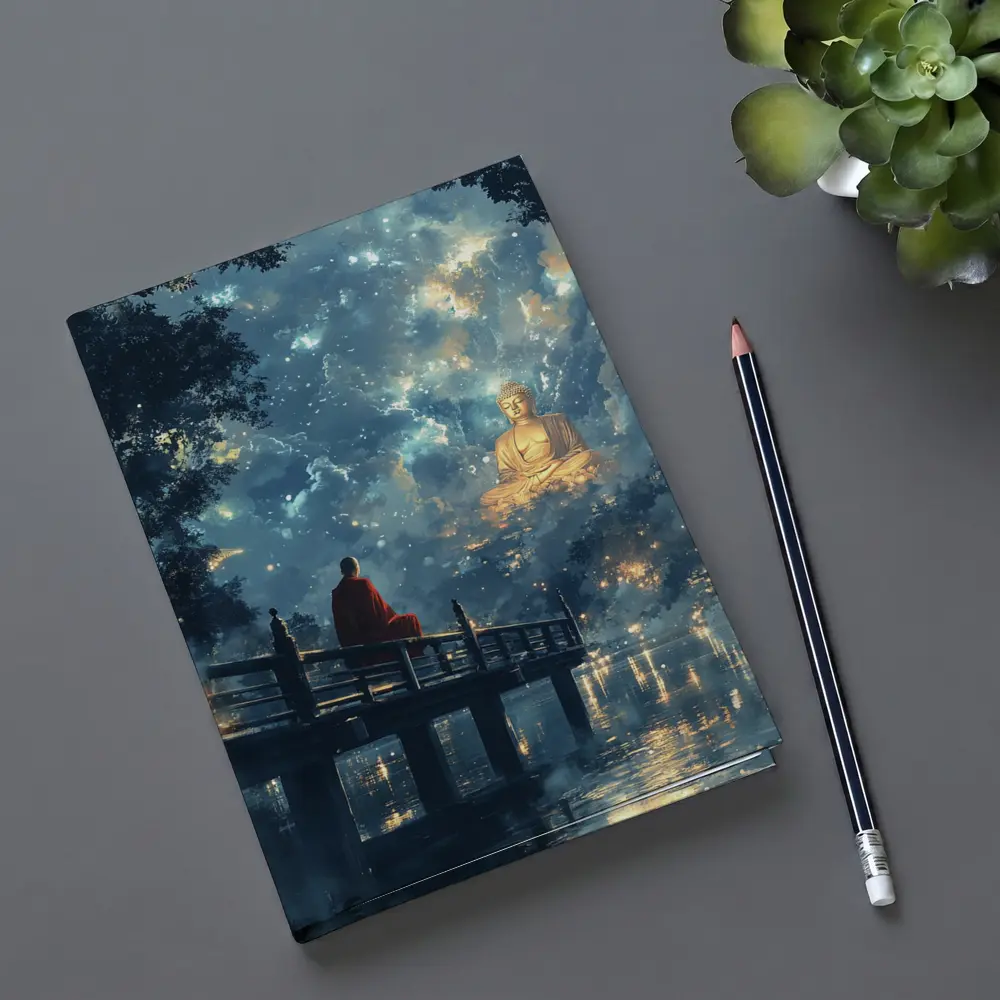 Buddhist Monk Meditating By Glowing Night Sky – Notebooks