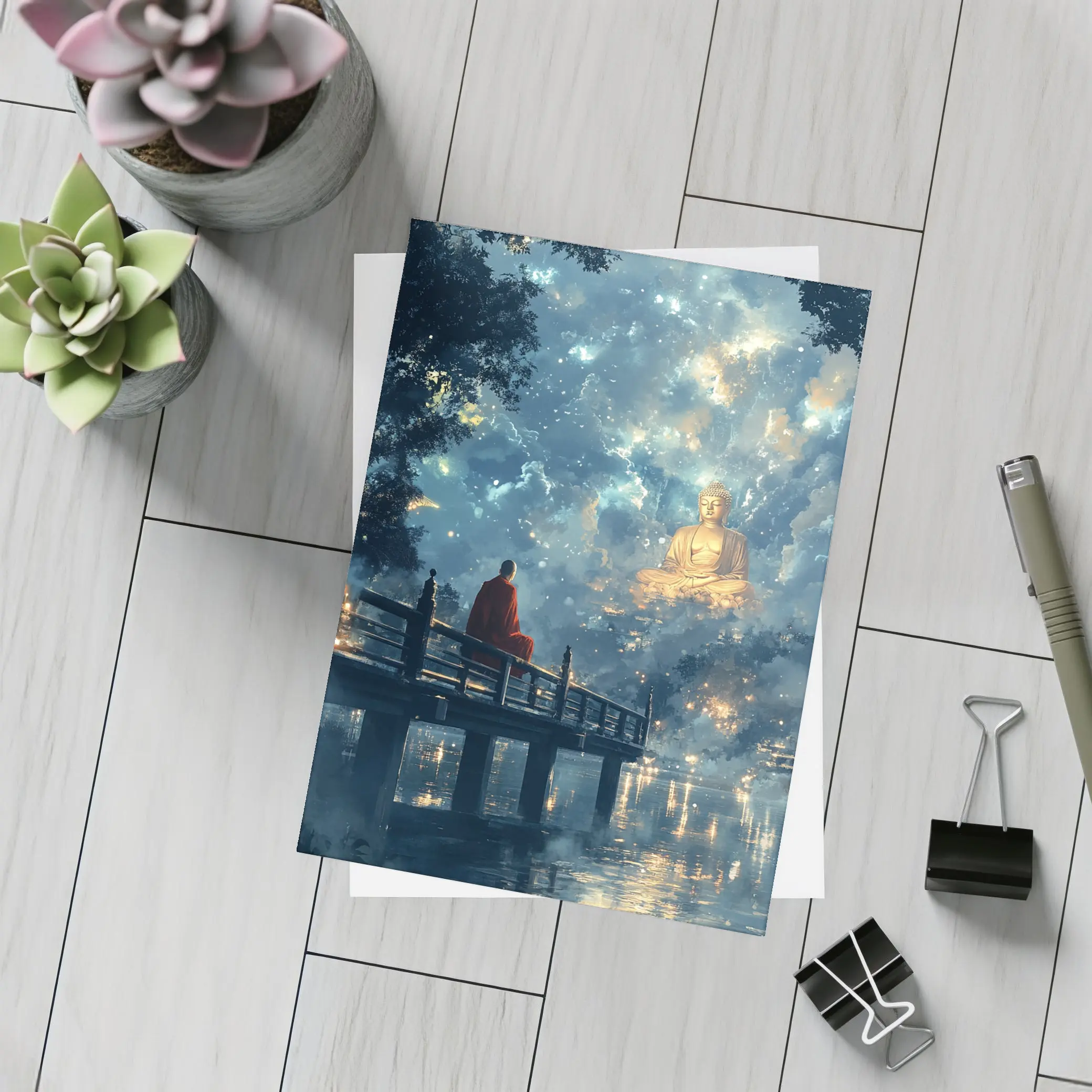 Buddhist Monk Meditating By Glowing Night Sky – Postcards
