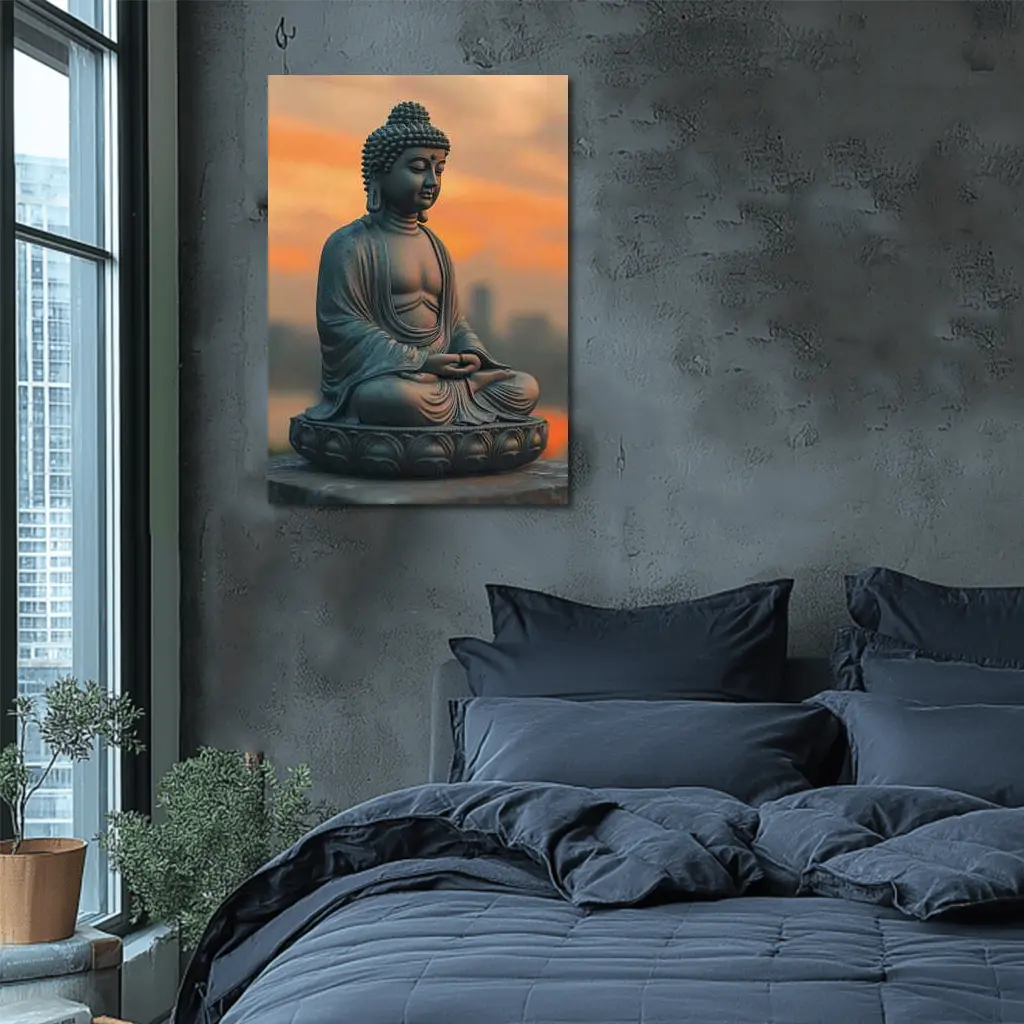 Buddha Statue Meditating at Sunset Sky – Wall Art