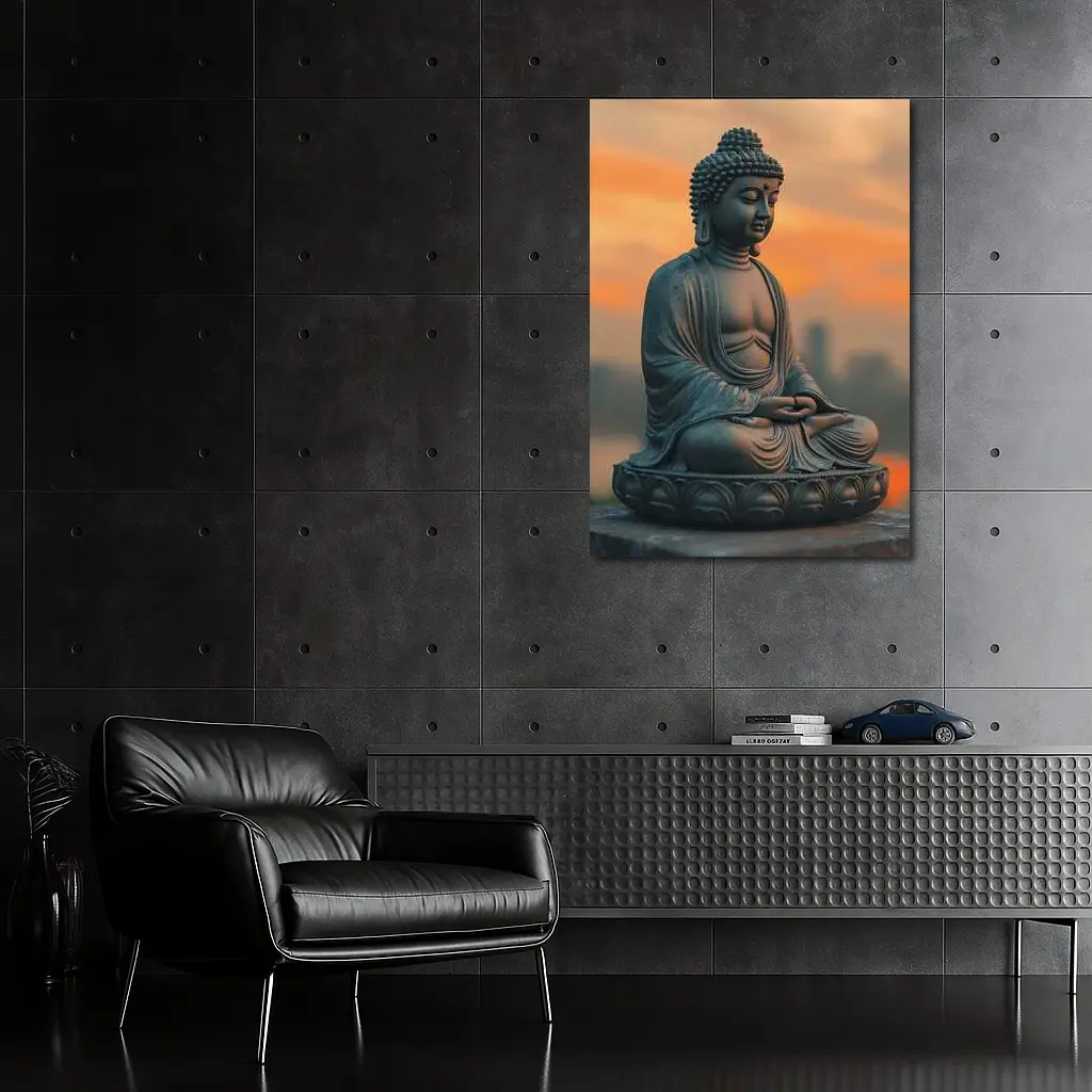 Buddha Statue Meditating at Sunset Sky – Wall Art
