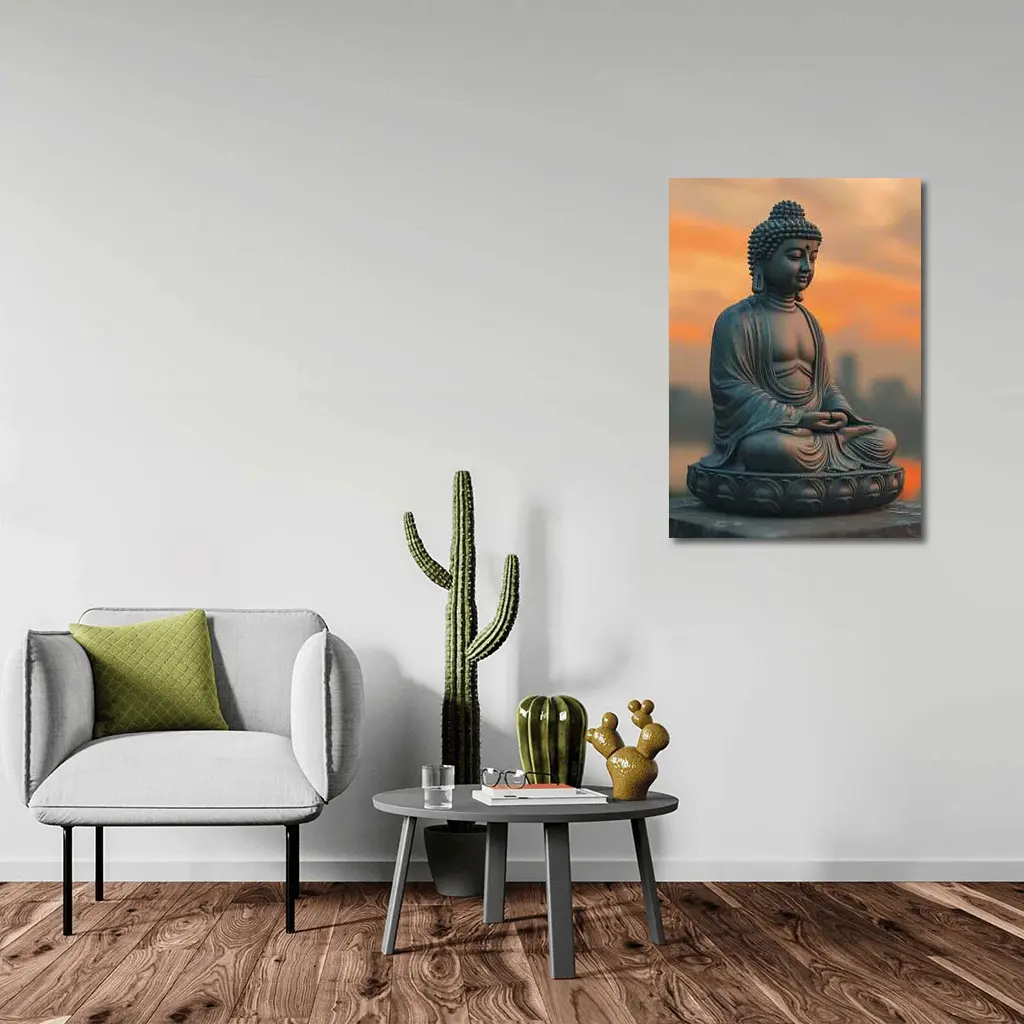 Buddha Statue Meditating at Sunset Sky – Wall Art