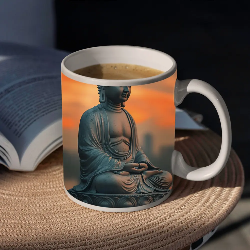 Buddha Statue Meditating at Sunset Sky – Mugs