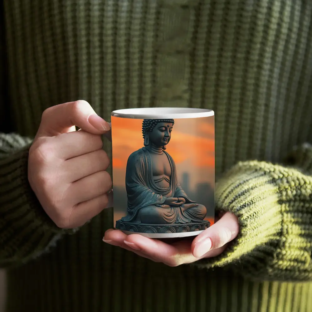 Buddha Statue Meditating at Sunset Sky – Mugs