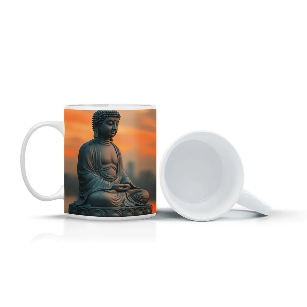 Buddha Statue Meditating at Sunset Sky – Mugs