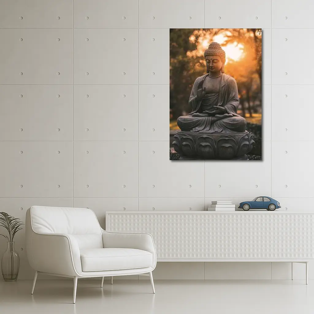Buddha Statue Meditating Golden Sunset Garden – Wall Art